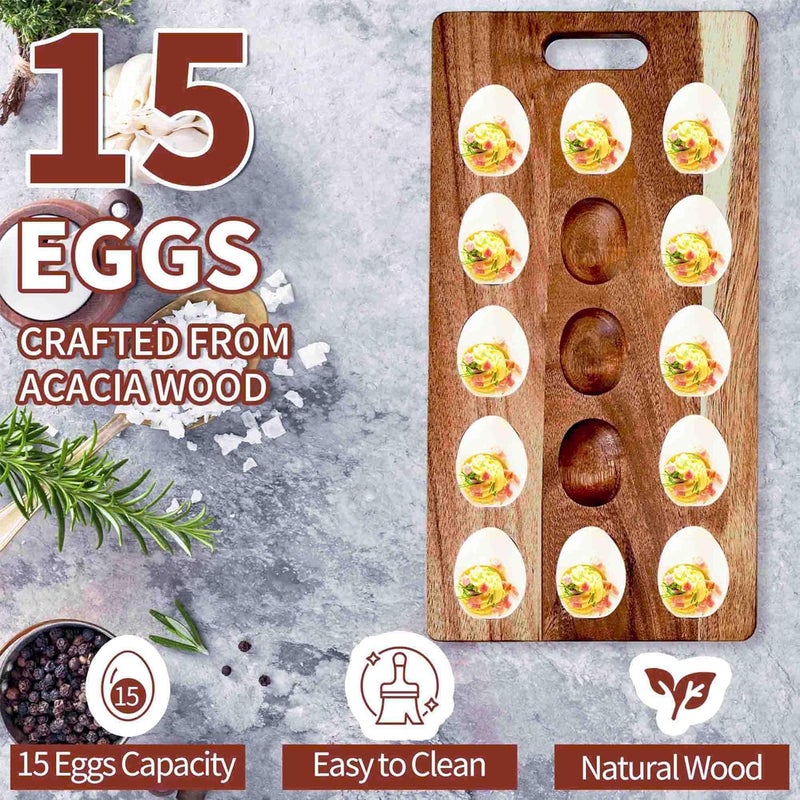 Erwuldor Acacia Wood Deviled Egg Platter,15Holes Deviled Egg Tray.Strip Deviled Egg Holder for Deviled Eggs.Small Charcuterie Board Easter Deviled Egg Carrier for Kitchen Countertops - Image 5